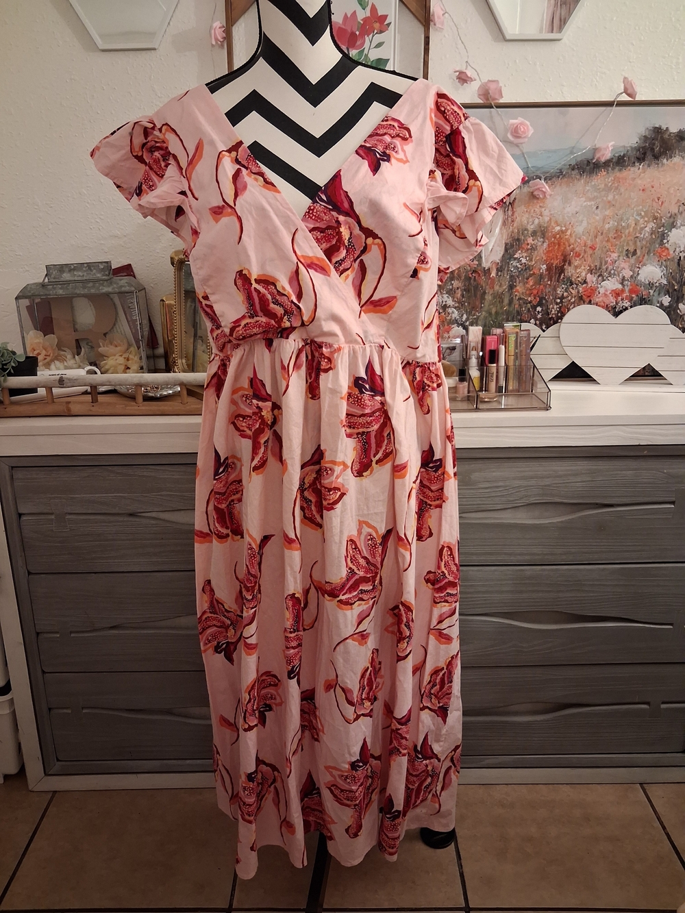 Eloquii Pink Floral V-Neck Maxi Dress with Red-Pink Print